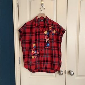 Madewell Red Plaid Cotton Blouse Floral Embroidered Oversize Sleeveless Size M